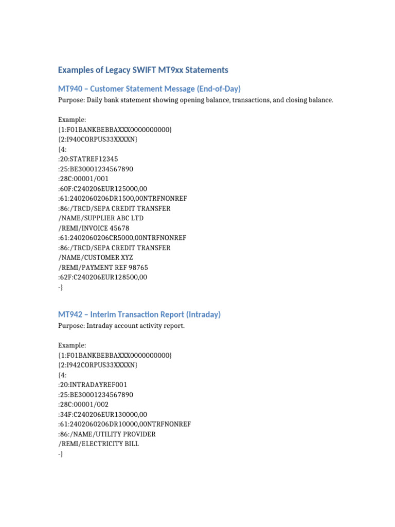 Legacy MT9xx Statement Examples | PDF | Debits And Credits | Banks
