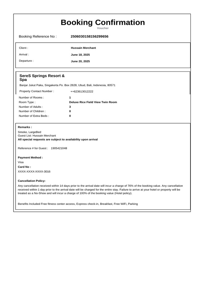 Confirmation for Booking ID # 1905421048 | PDF