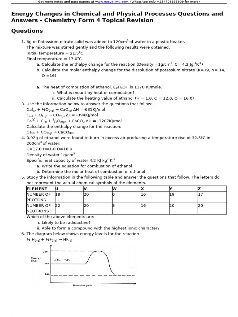 Energy Changes in Chemical and Physical Processes Questions and Answers ...