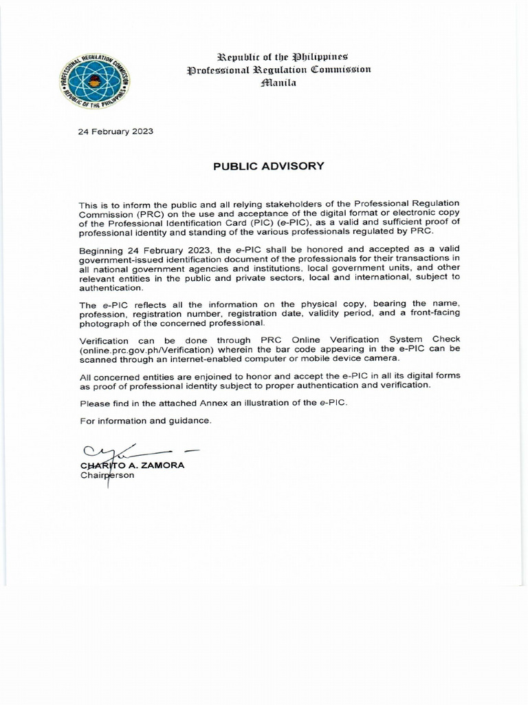 Public Advisory For E-Pic of Professional Regulation Commission | PDF