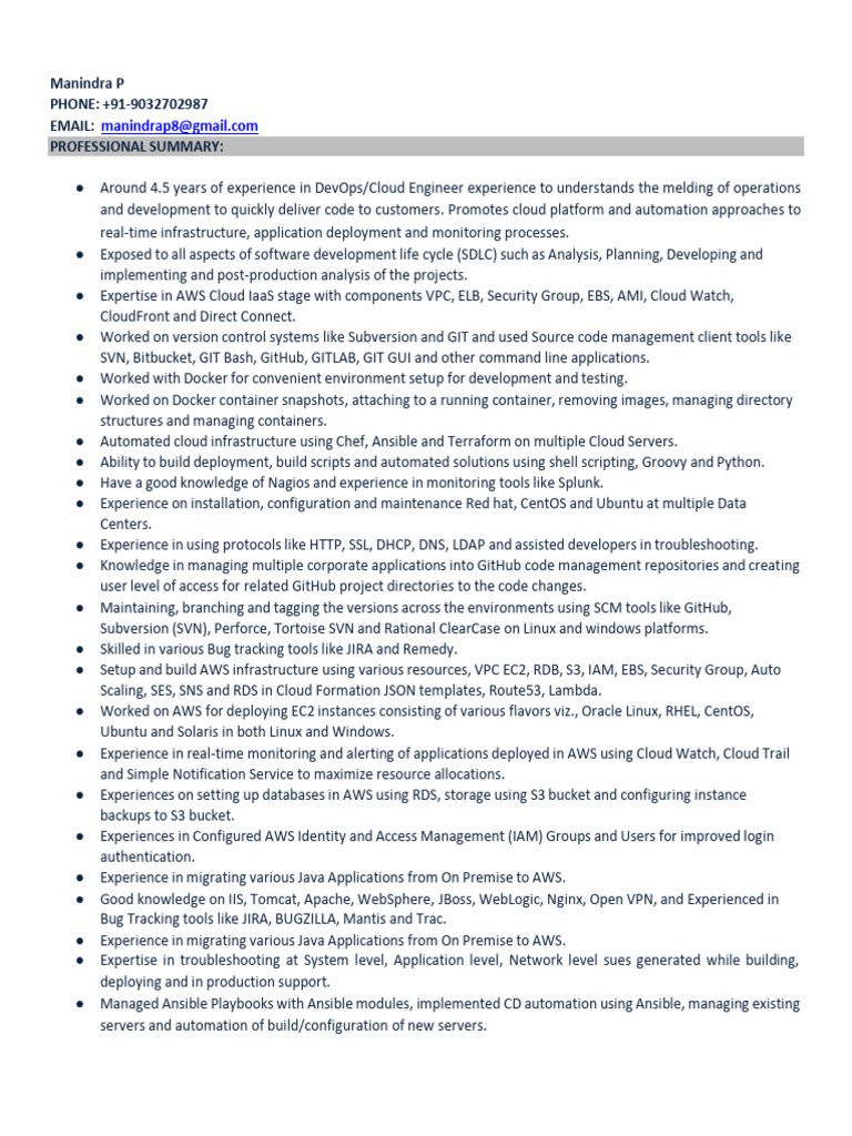 ManindraP DevOps & Cloud Resume1 | PDF | Cloud Computing | Amazon Web ...