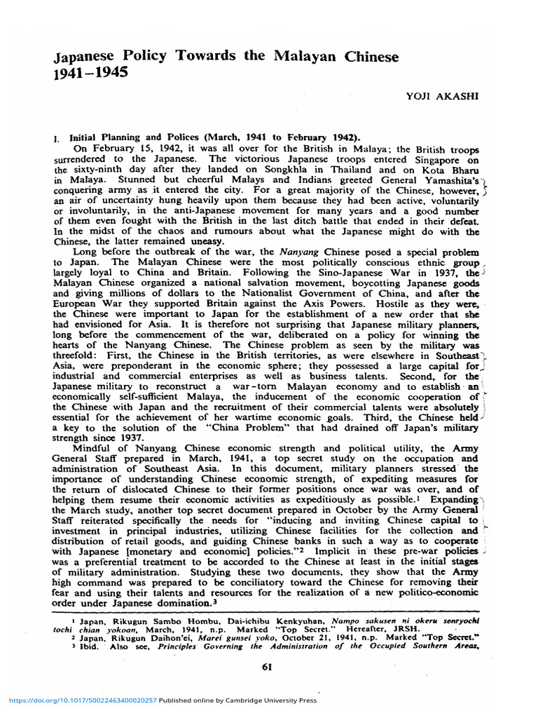 Japanese Policy Towards The Malayan Chinese 1941 1945 | PDF