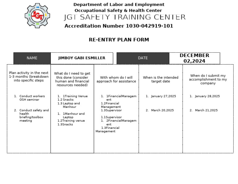 Re-Entry Plan Form | PDF