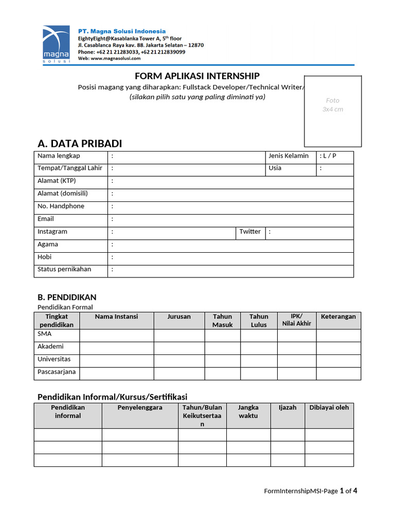TEMPLATE - Internship - Form Aplikasi Lamaran Pekerjaan | PDF