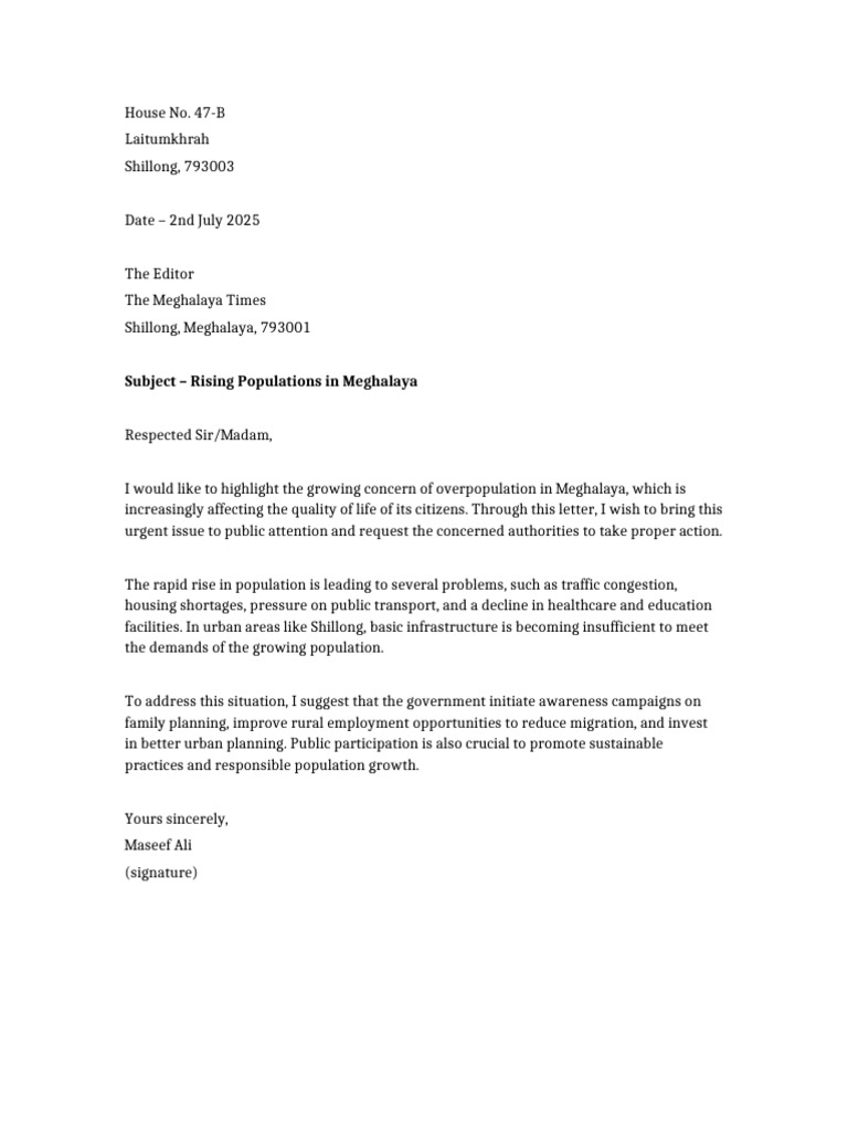 Rising Population Letter Meghalaya | PDF
