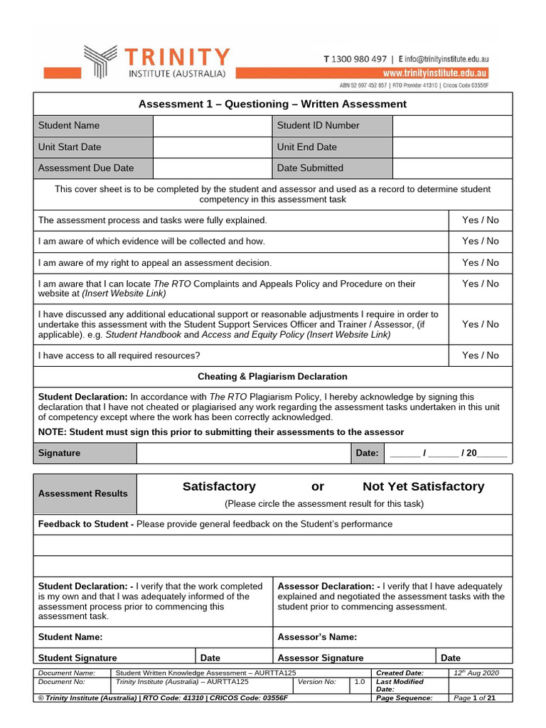 AURTTA125 Assessment 1 Written Knowledge Questions V2.. | PDF | Anti ...