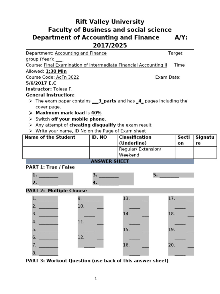 Intermedaite FA-II Final Exam 20017 | PDF | Debits And Credits | Equity ...