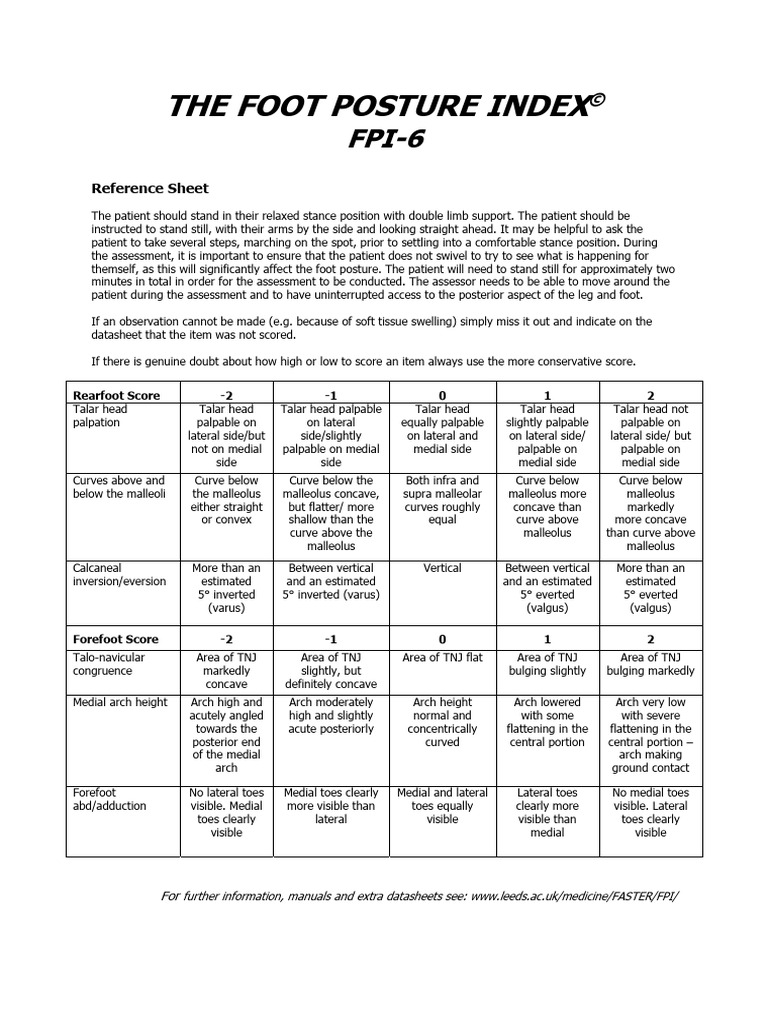 THE FOOT POSTURE INDEX© FPI-6 Reference Sheet | PDF | Anatomical Terms ...