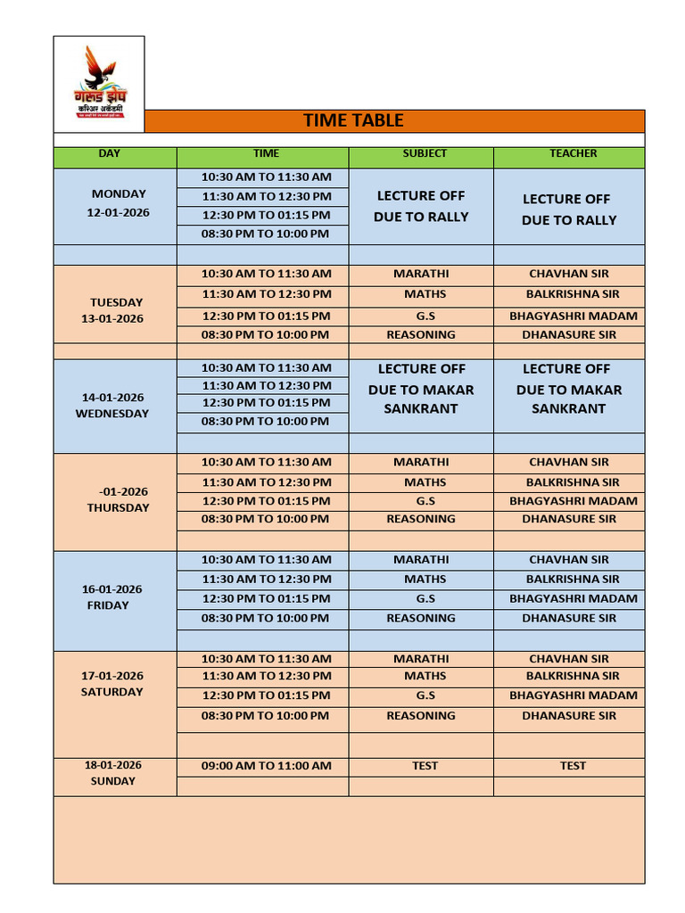 New Time Table 12-1-2026 | PDF