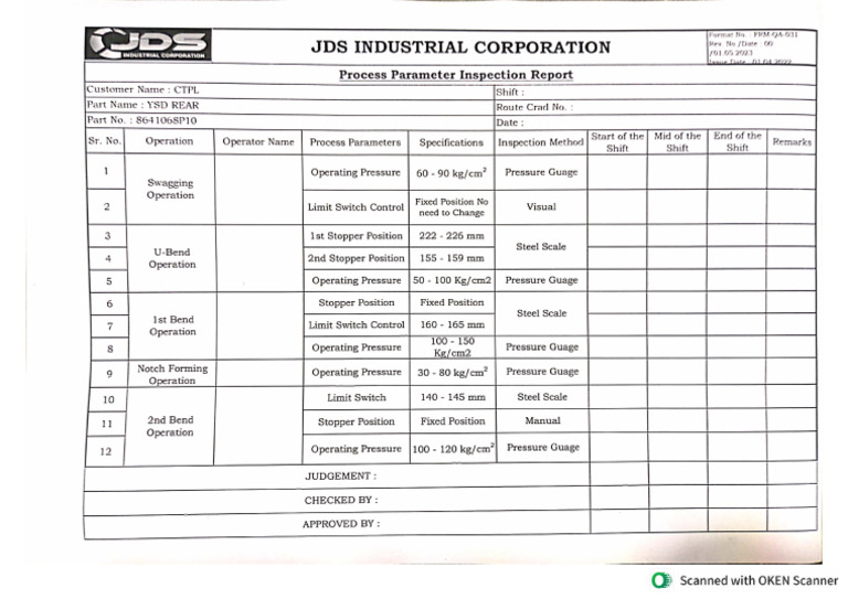 Process Parameter Sheet | PDF