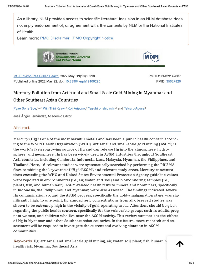 Mercury Pollution from Artisanal and Small-Scale Gold Mining in Myanmar ...