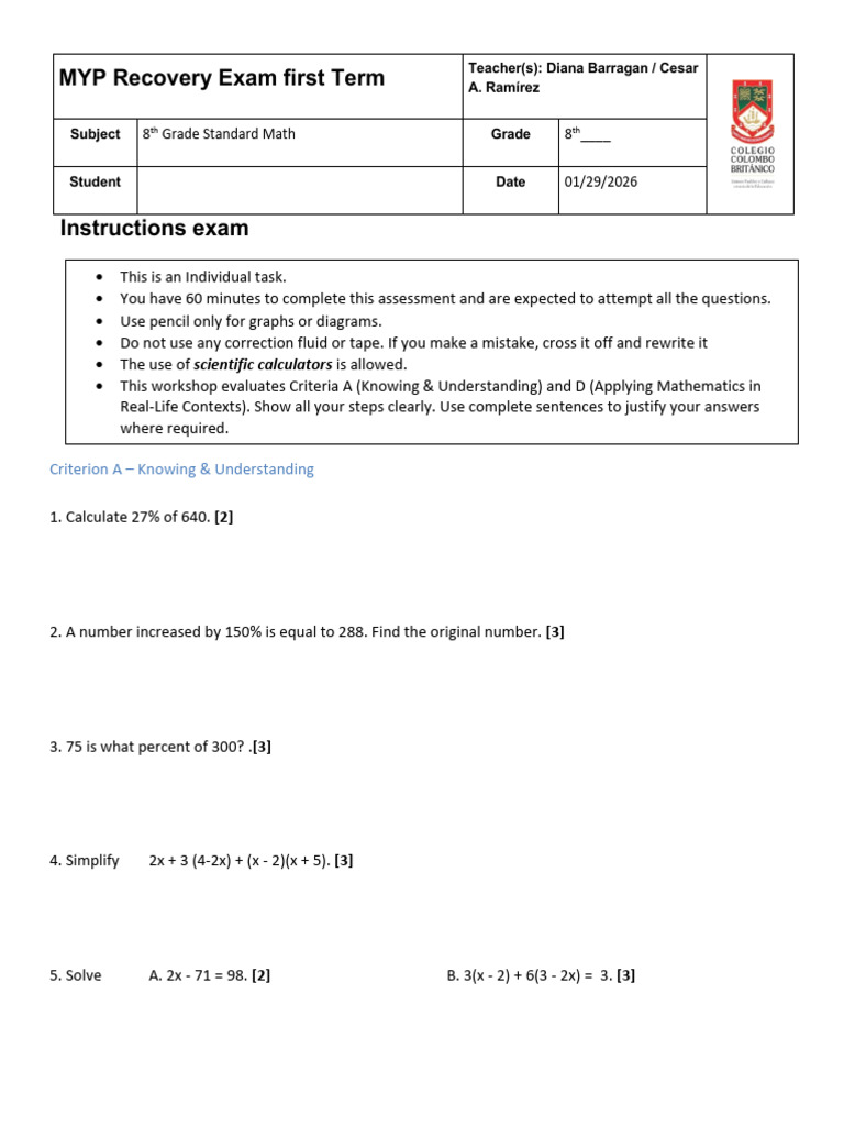 RECOVERY EXAM 8° FIRST TERM | PDF