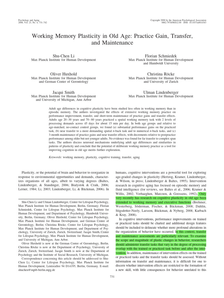 Wrking Memory Plasticity in Old Age | PDF | Working Memory | Mental ...