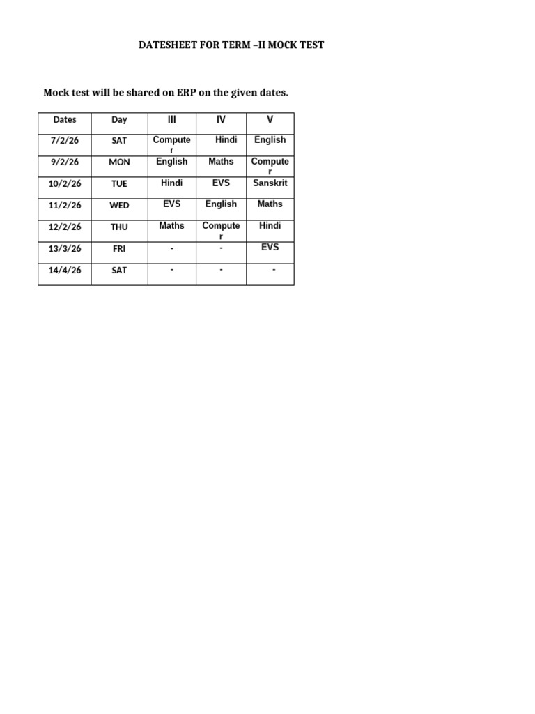 Mock Test Date Sheet Format TERM II- Copy - Copy | PDF