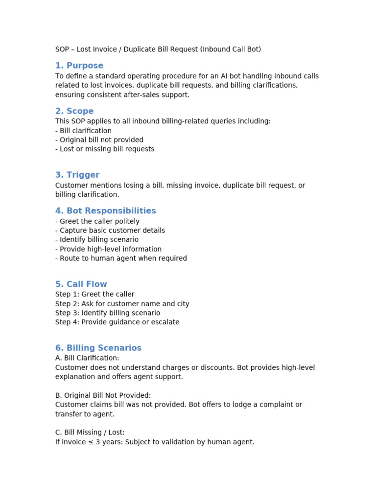 SOP Lost Invoice Duplicate Bill Bot | PDF