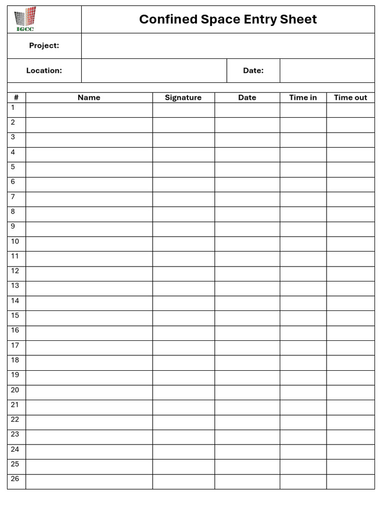 Confined Space Entry Sheet | PDF