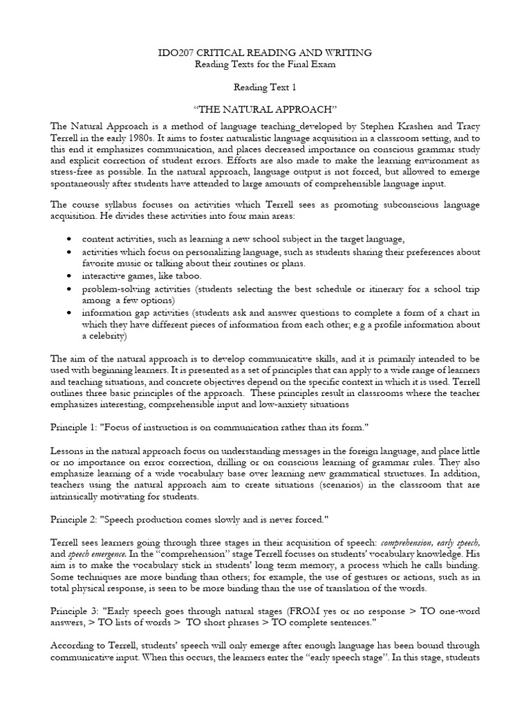 Natural Approach and L1 Use in L2 Classroom | PDF | Cognitive ...