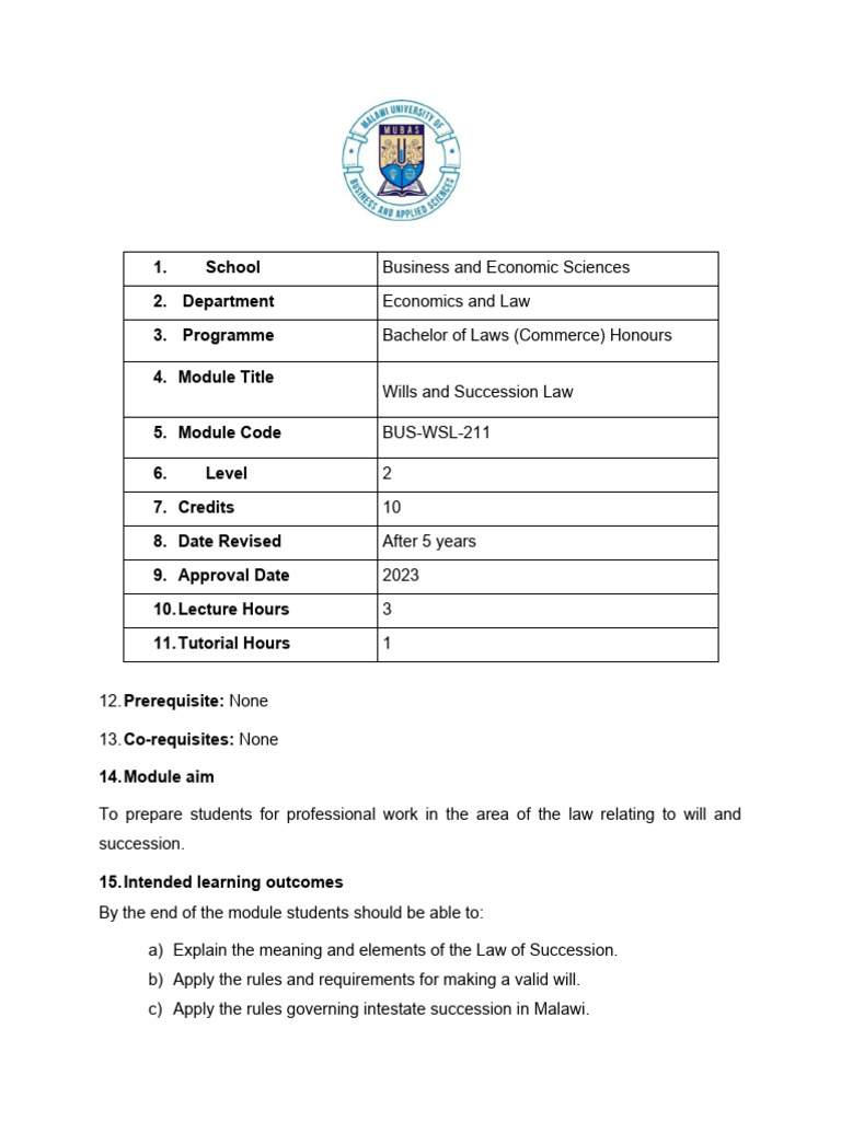 LLB1A Sem 1 Wills and Succession Law Module Outline (1) - Copy | PDF ...