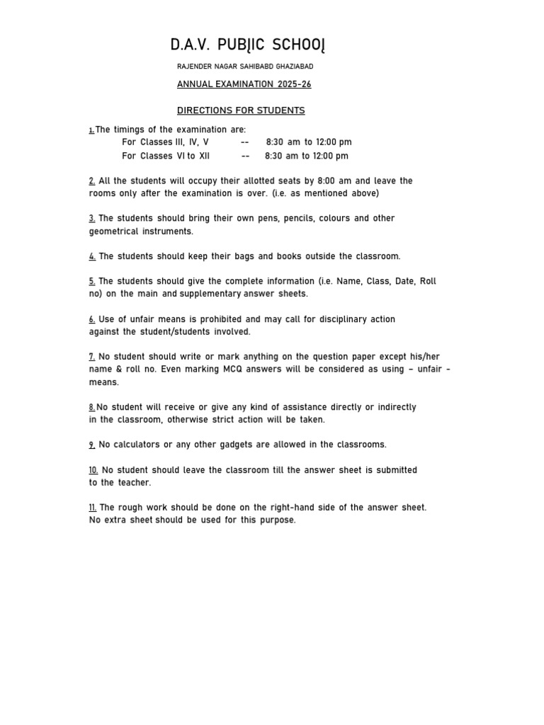 Guidelines For Students (Annual Exam 2025 - 26) | PDF