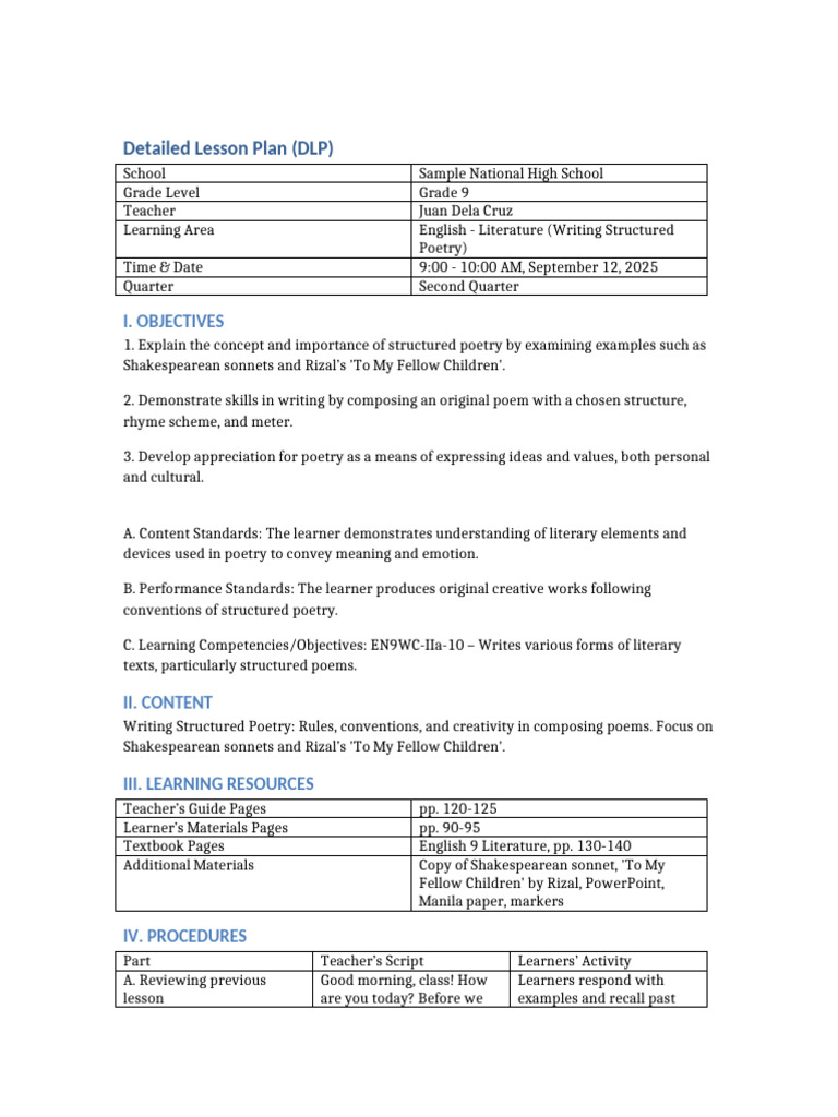 Detailed Lesson Plan Structured Poetry Scripted | PDF | Poetry | Rhyme