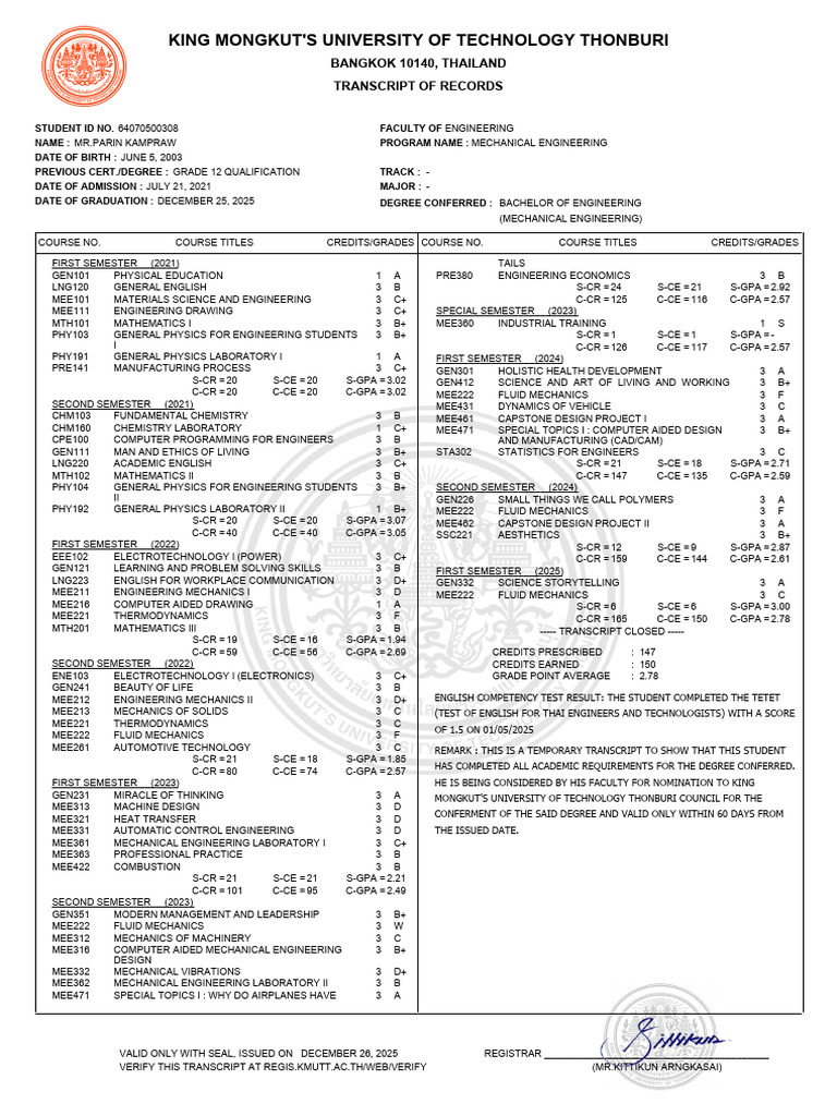 Transcript Parin Kampraw | PDF | Engineering | Mechanical Engineering