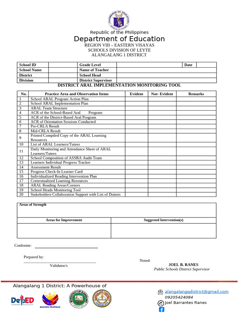 District ARAL Program Monitoring Tool | PDF | Learning | Behavior ...
