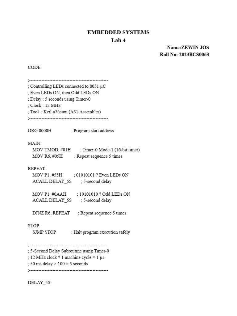 Embedded Systems Lab 4: Name:Zewin Jos Roll No: 2023BCS0063 | PDF