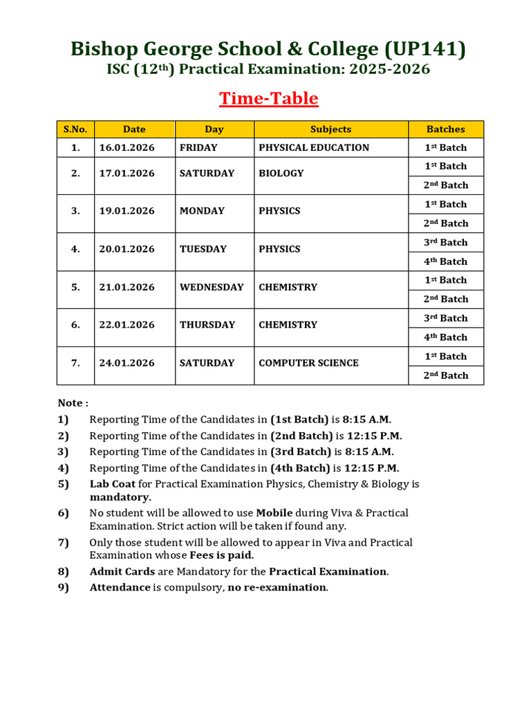 ISC - Practical Exam Time-Table - 2025-26 | PDF