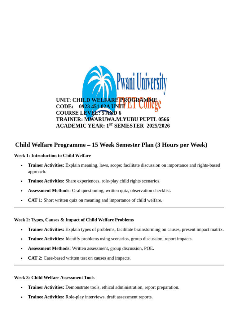 Child Welfare Semister Plan Unit | PDF | Evaluation | Empowerment