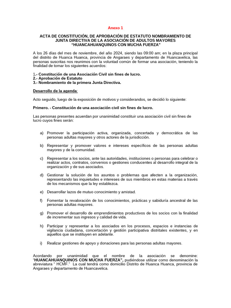 Anexo 1 - Acta de Constitución de La AM | PDF | Asamblea General de las ...