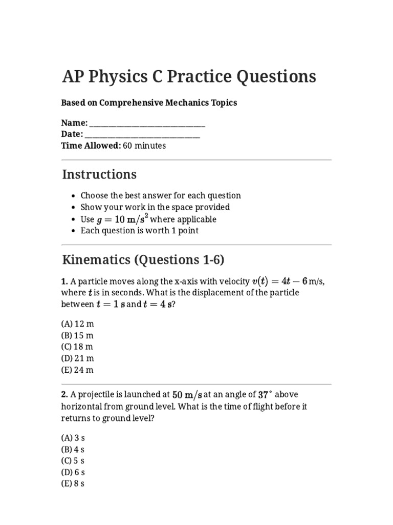 Physics Practice Questions | PDF | Force | Acceleration