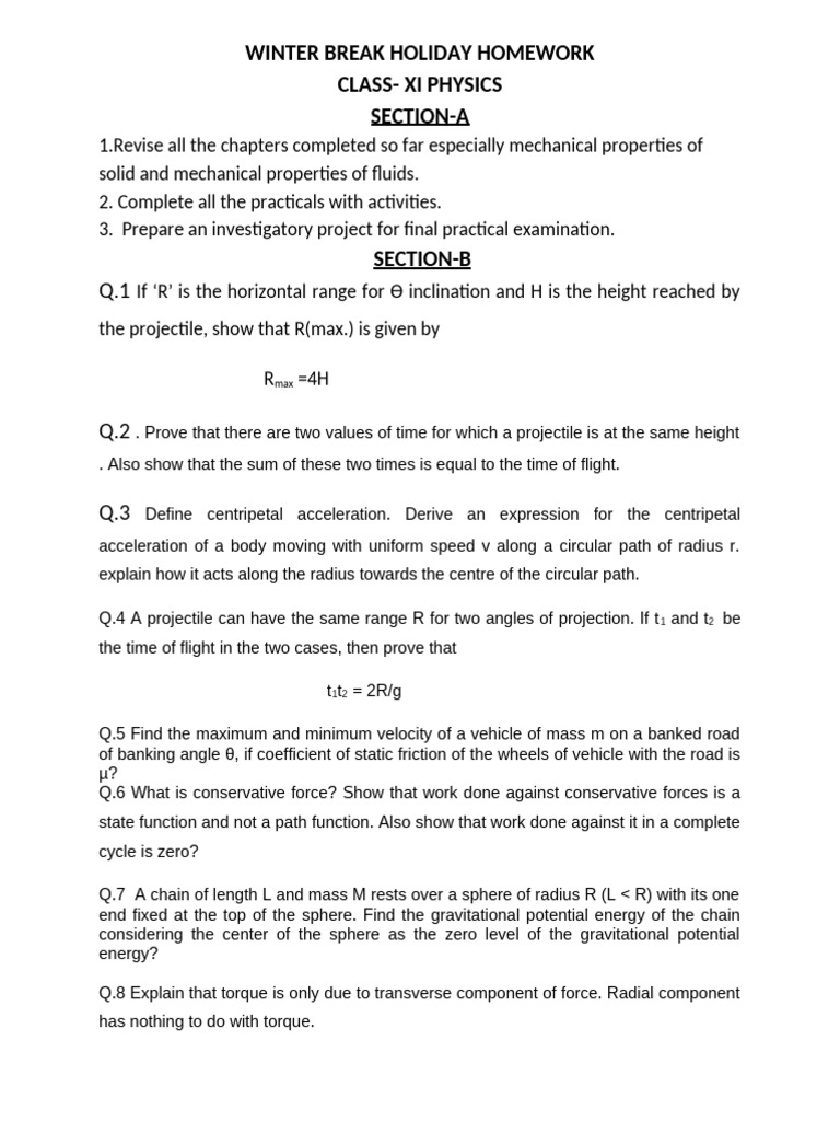 Xi Physics Winter Break HHW | PDF | Motion (Physics) | Quantity