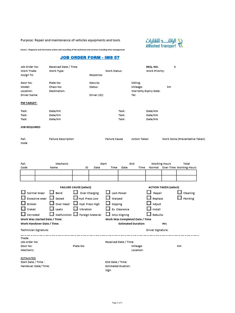 IMS 57 Job Order Form-Al Rashed-rev 00 | PDF | Mechanical Engineering ...