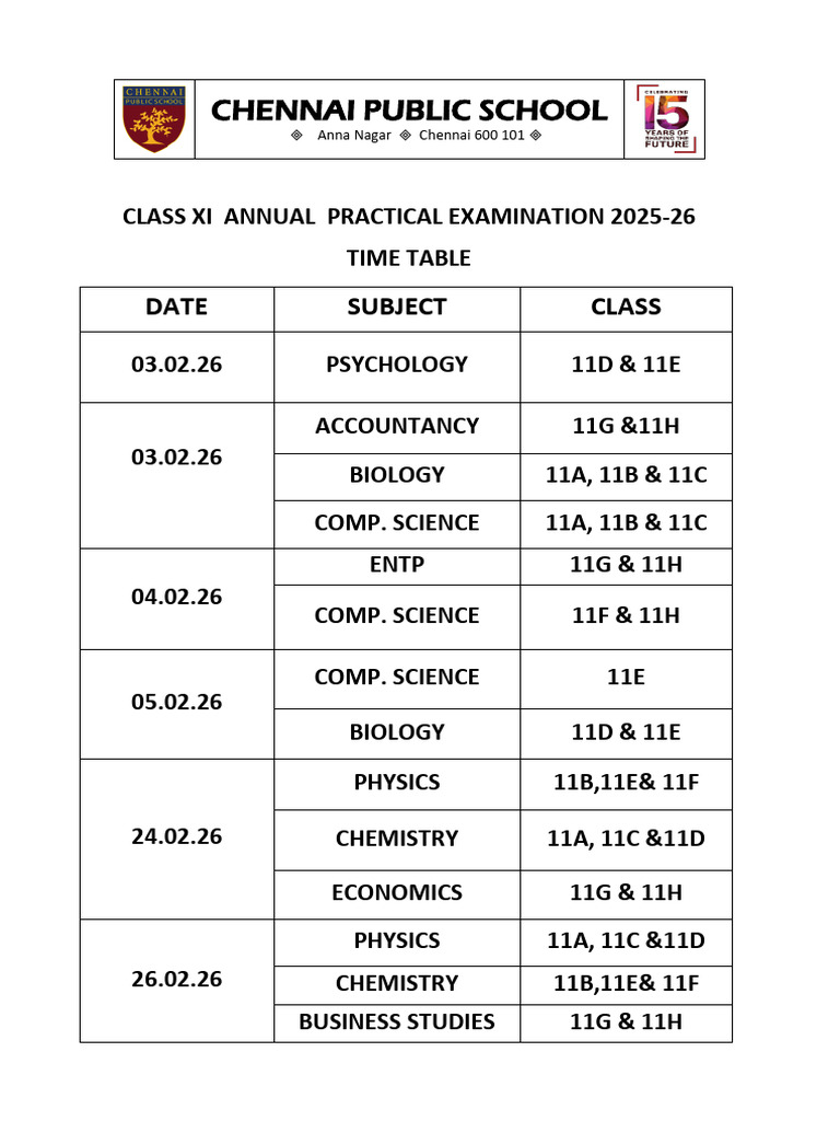 Practical Exam Time Table Class Xi 25-26 | PDF