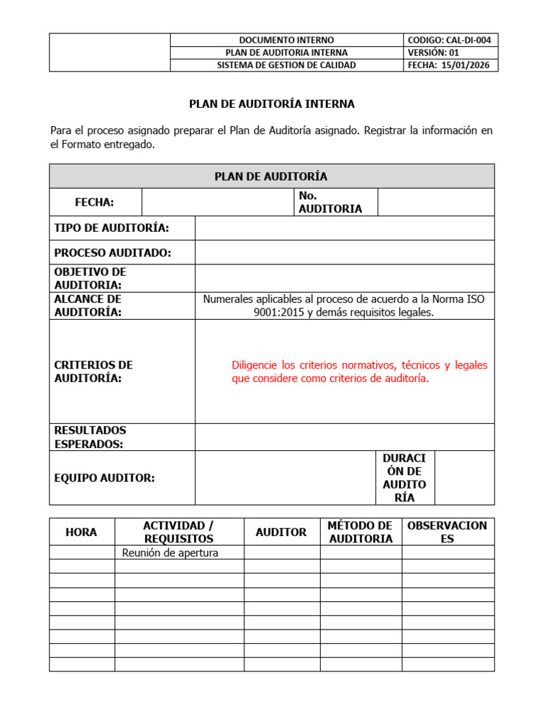 Cal-di-004 Documento Interno Plan de Auditoria Interna | PDF