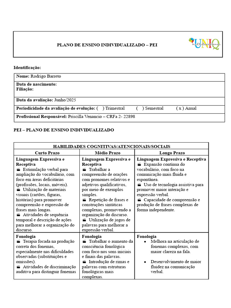 Pei - Plano de Ensino Individualizado 2025 - Rodrigo | PDF | Discurso ...