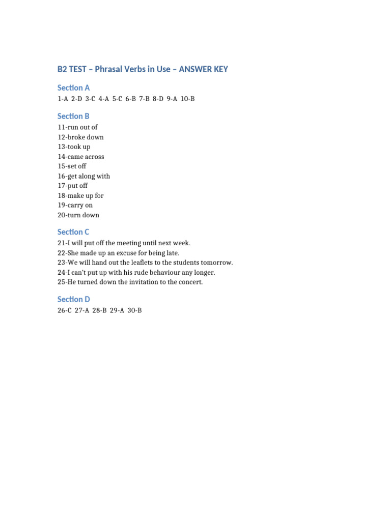 B2 Phrasal Verbs Test Answer Key | PDF