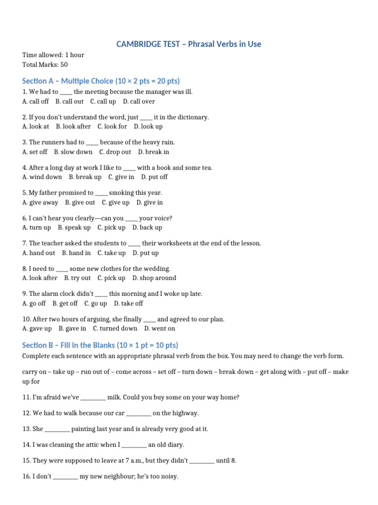 B2 Phrasal Verbs Test Student | PDF | Linguistics