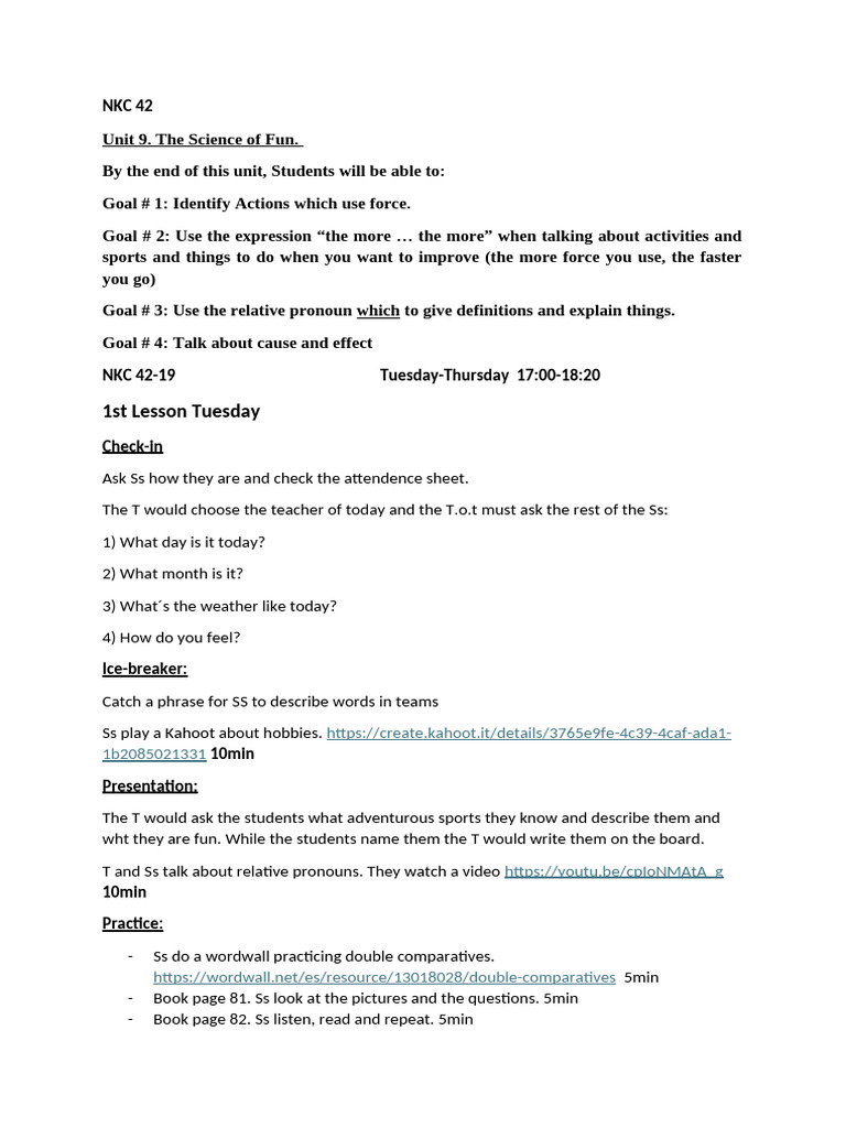 NKC 42-Unit 9-The science of FUN-LESSON PLAN | PDF | Linguistic ...