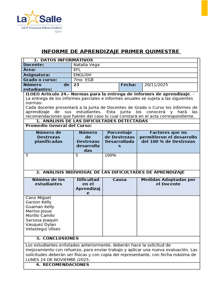 Informe de Aprendizaje Quimestral 8vo A | PDF