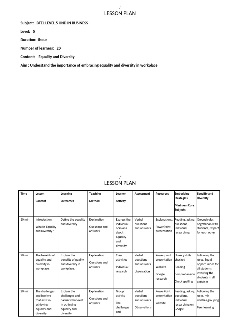 L.P Equality and Diversity | PDF | Lesson Plan | Reading Comprehension