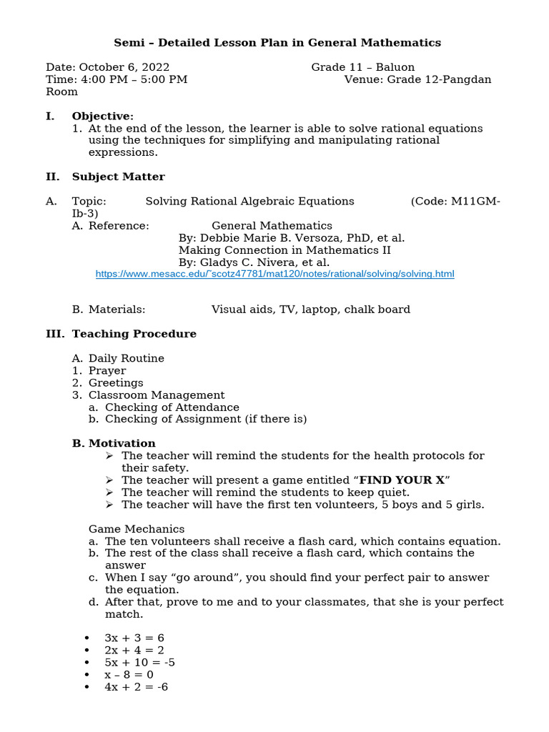 Lesson Plan in Gen Math 2022 - 2023 | PDF | Equations | Rational Number