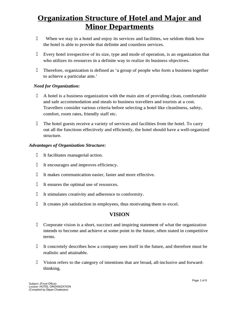 Hotel Organization, Organization Structure of Hotel and Major and Minor ...