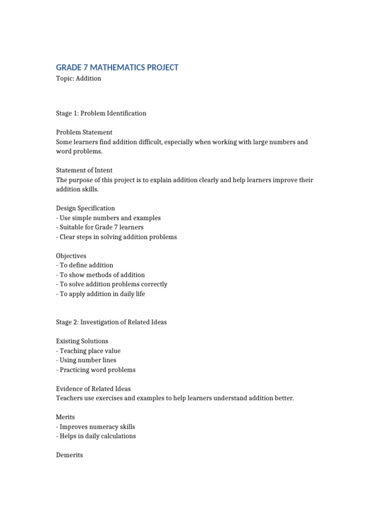 Grade 7 Mathematics Project Addition | PDF