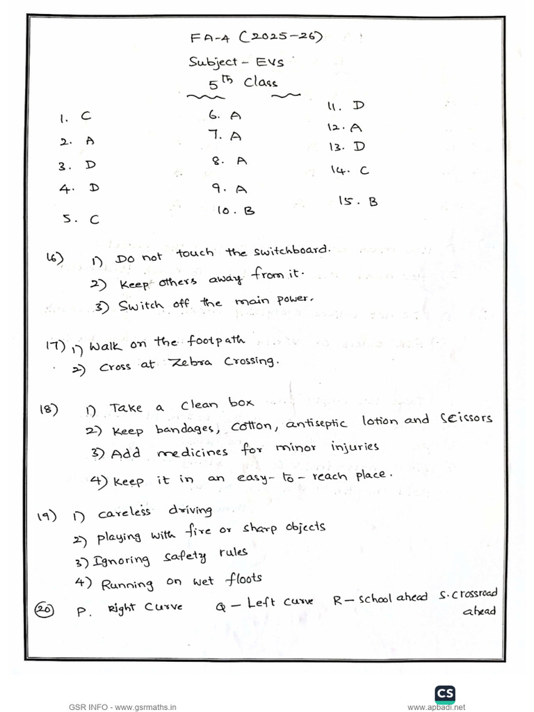 5th Class EVS FA 4 2025-26 Key Paper | PDF