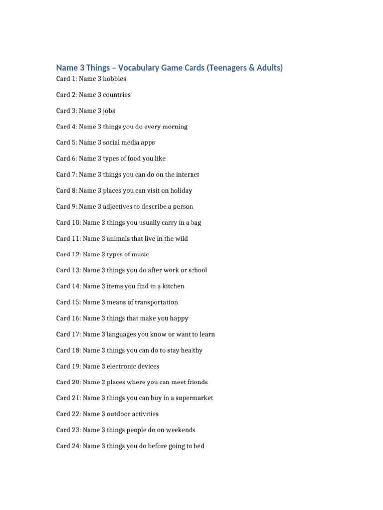 Name 3 Things Vocabulary Cards Teen Adult ESL | PDF