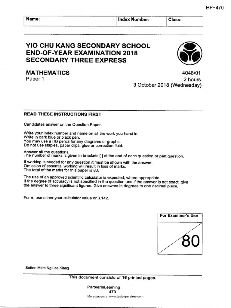 Sec3 EMaths 2018 SA2 Yiochukang 2 | PDF