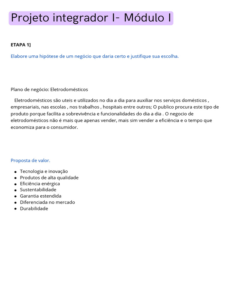 Projeto Integrador I Etapa 1 | PDF