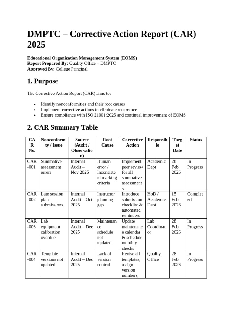 Corrective Action Report | PDF | Audit