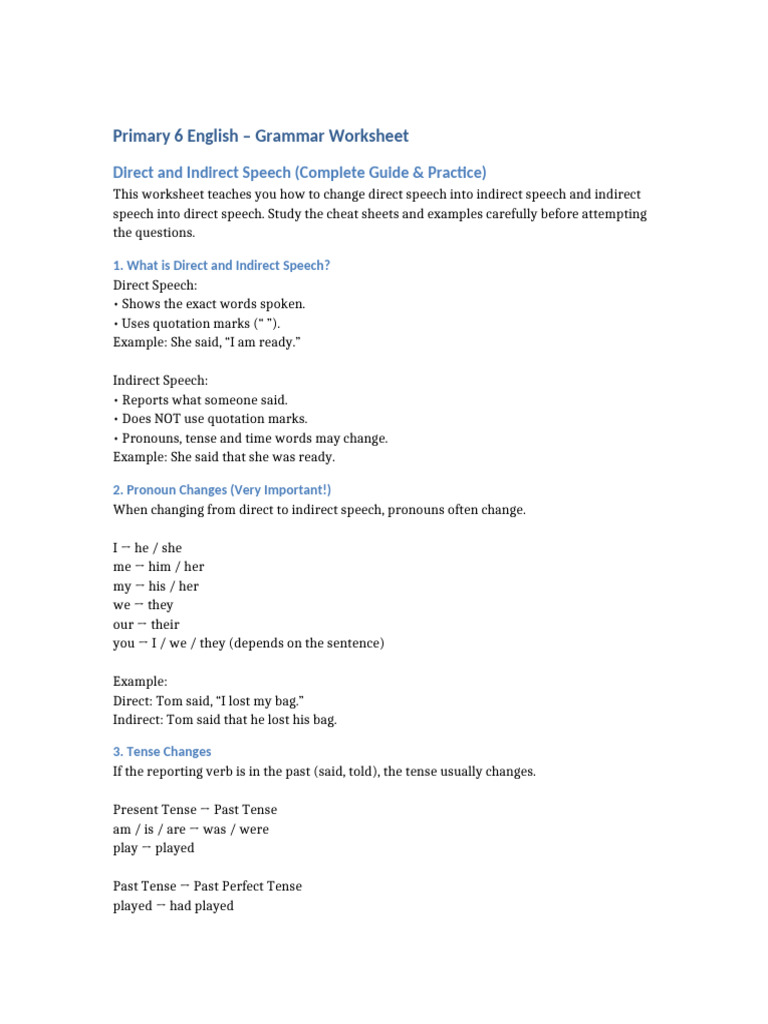 P6 Direct and Indirect Speech Complete Worksheet Revised | PDF ...